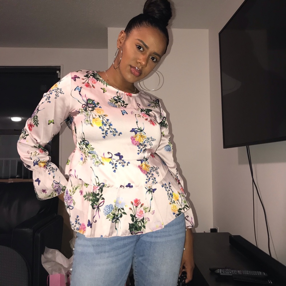 Pale Pink Satin Floral Print Peplum Blouse